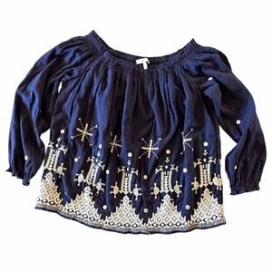 Joie Kistine Embroidered Off the Shoulder Navy Blouse size Small